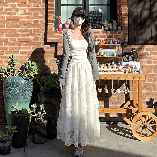 柔雾蕾丝白纱半裙 女春夏新款高腰a字半裙纱裙小个子蛋糕长裙 商品图1