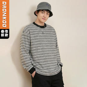 DRONKOO 2026 圆领领口反做撞色细条纹做旧磨破微阔长袖中厚T恤