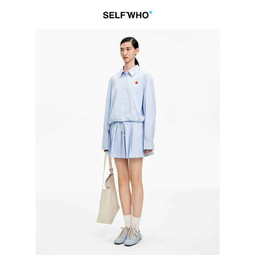 SELFWHO纯棉蓝色条纹衬衫女2026春新款翻领宽松简约通勤长袖上衣 商品图2