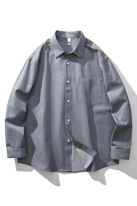美式重磅水洗棉细条纹衬衫男春秋翻领休闲设计感宽松休闲衬衣外套 商品图3