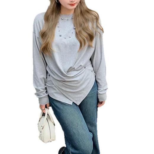 雀说 微胖mm 解构美学 显瘦收腰长袖T恤女交叉门襟宽松廓形上衣 WAL15865 商品图4