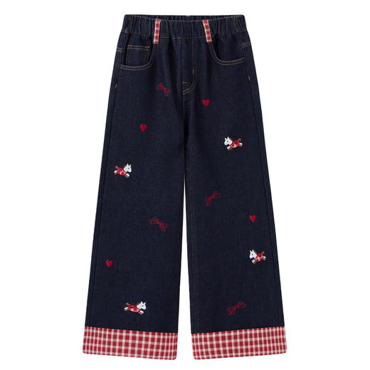 【MQD】童装女大童卡通刺绣小马牛仔裤26春季学院风满版百搭阔腿裤子 商品图1