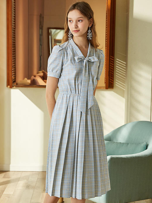 欧芮儿夏装女装格子连衣裙女中长款系带蝴蝶结百褶女裙 商品图0