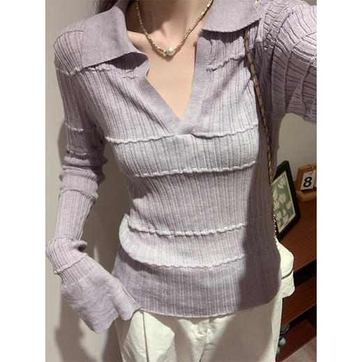 雀说紫色polo翻领设计感长袖打底针织衫女内搭早秋chic减龄上衣WAL Z8598 商品图4