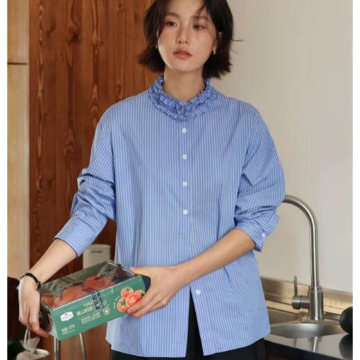 蓝色条纹立领木耳边衬衫 商品图1