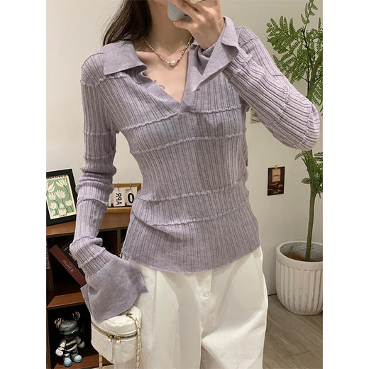 雀说紫色polo翻领设计感长袖打底针织衫女内搭早秋chic减龄上衣WAL Z8598 商品图1