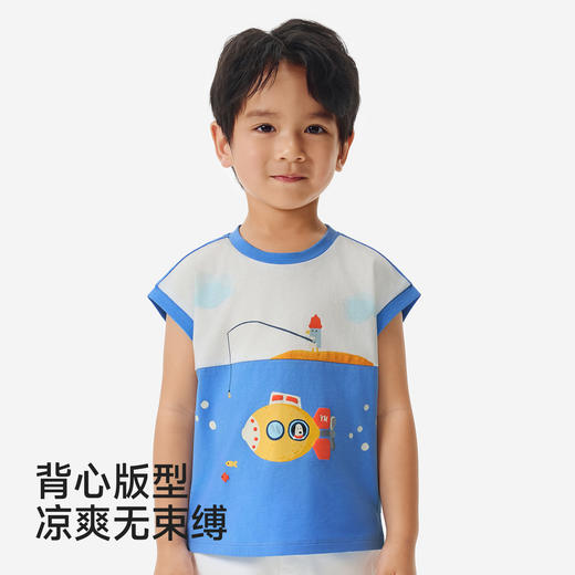 英氏儿童衣服男童夏季纯棉圆领背心上衣蓝色卡通印花休闲百搭背心 商品图3