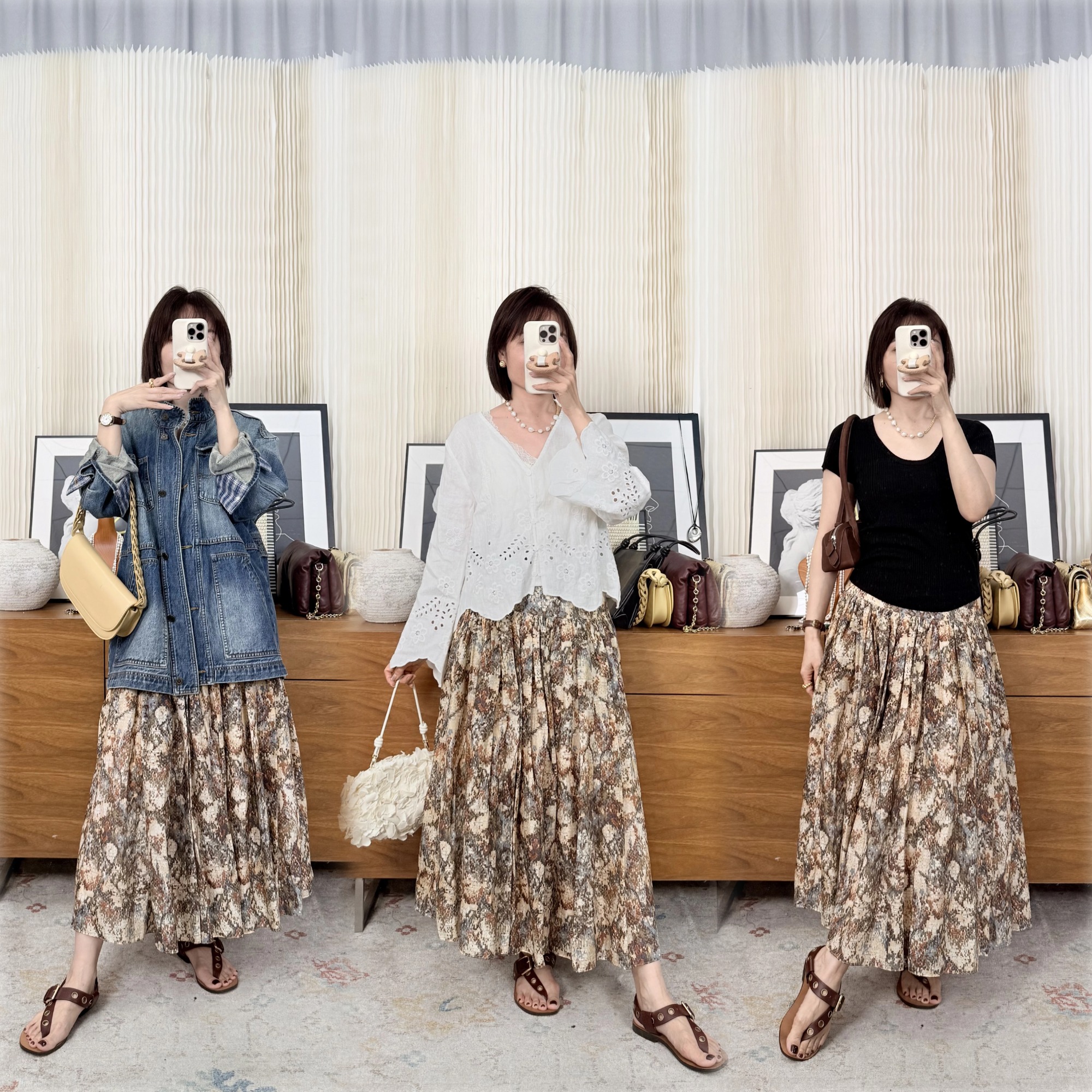 品位不趋同 波西米亚风丝棉半裙 大地色马赛克数码印花 重工超大摆亮 法式半裙