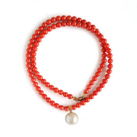 【天然正品】AU750黄金镶天然近完美约11.1MM珍珠吊坠配天然约5.1MM阿卡珊瑚珠串项链 链长：48CM 120226NJT22