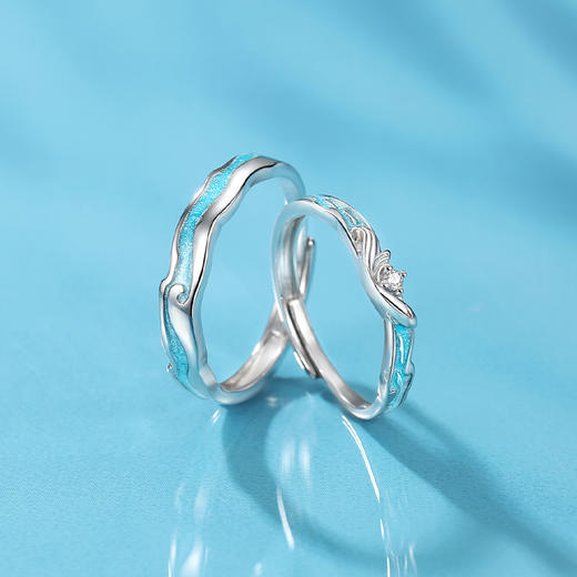 Winy 足银999/铜 浪花环绕对戒 银色滴胶镶锆石 轻奢男女情侣指环配证书 商品图0