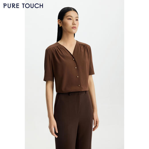 商场同款PURE TOUCH女装26春夏新款桑蚕丝衬衫v领抽褶短袖衬衣 商品图4