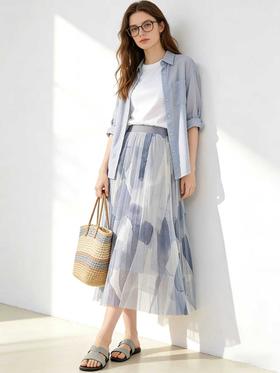 气质灰色水墨印花半身裙女装2026年夏季爆款轻盈垂感百褶裙子S-2XL