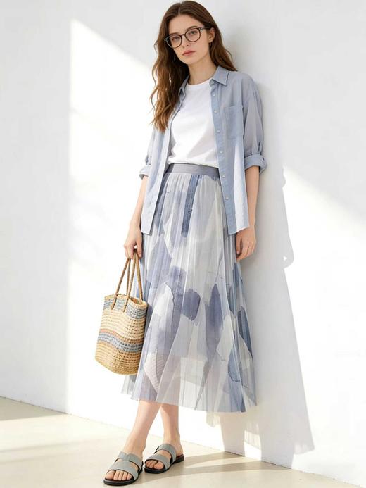 气质灰色水墨印花半身裙女装2026年夏季爆款轻盈垂感百褶裙子S-2XL 商品图0