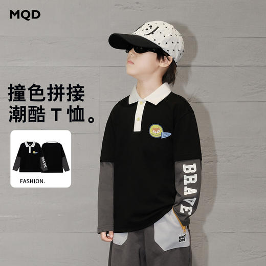 【MQD】童装男大童POLO衫26春季假两件儿童学院风经典拼接休闲长袖T恤 商品图0