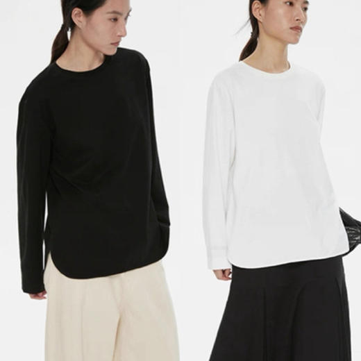 【23区】日单/弧形下摆圆领全棉长袖T恤。白色 黑色 自己备注号码颜色 商品图0