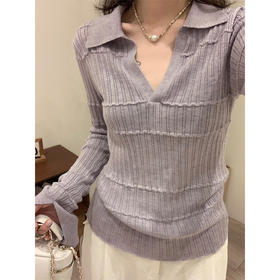 雀说紫色polo翻领设计感长袖打底针织衫女内搭早秋chic减龄上衣WAL Z8598