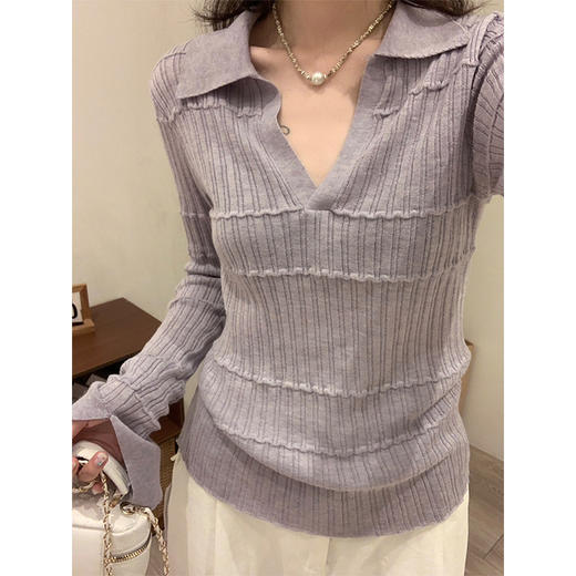 雀说紫色polo翻领设计感长袖打底针织衫女内搭早秋chic减龄上衣WAL Z8598 商品图0