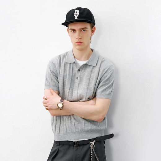 714street正肩合身暗条提花针织POLO衫2026夏季复古老钱短袖T恤男 商品图0