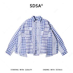 SDSA男装2026新款轻奢美式宽松拼接撞色格子衬衫一字扣设计百搭