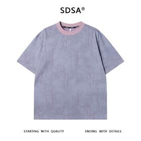 夏季高级感新款男士美式磨破倒三角圆领短袖T恤宽松潮流宽松上衣