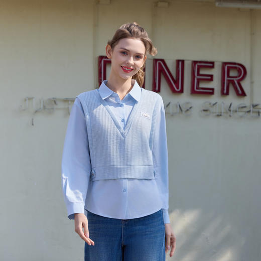 半身缘女装 春季假两件针织马甲拼接衬衫261213U05040270 商品图2