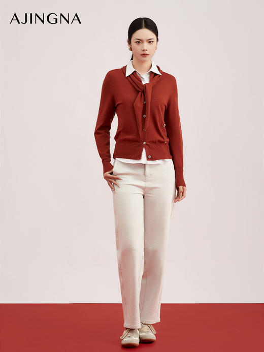 【商场同款】阿菁娜春季新款羊毛混纺V领开衫 布朗红色高级显白优雅与温暖兼具A31C318031 商品图1