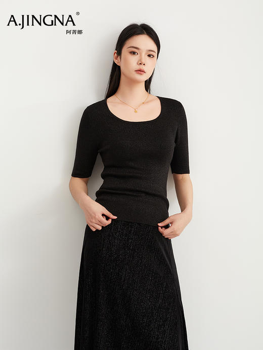 【法式打底】阿菁娜春季新款五分袖针织衫法式亮闪打底螺纹针织垂坠有型F31C301006 商品图3