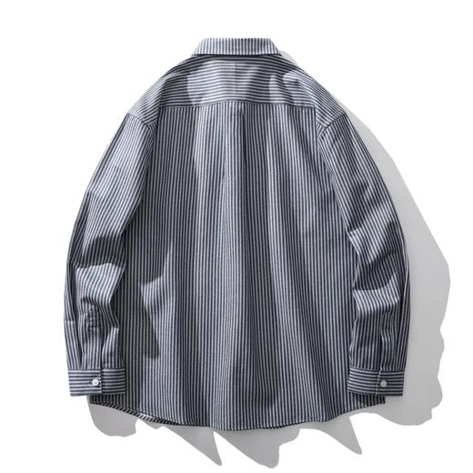 美式重磅水洗棉细条纹衬衫男春秋翻领休闲设计感宽松休闲衬衣外套 商品图5
