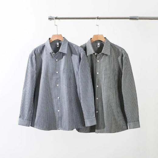 美式重磅水洗棉细条纹衬衫男春秋翻领休闲设计感宽松休闲衬衣外套 商品图0