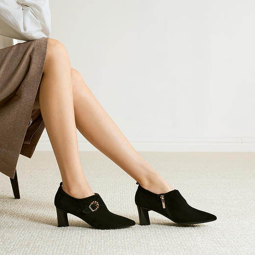 【上新】【静音系列】千百度粗高跟深口单鞋女2026春季羊皮小踝靴A26171637 商品图4