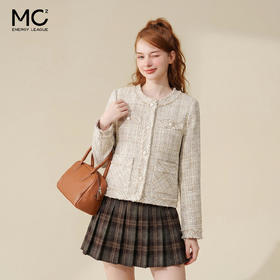 法式气质款显瘦圆领毛边拼接粗花呢小香风外套J3241637