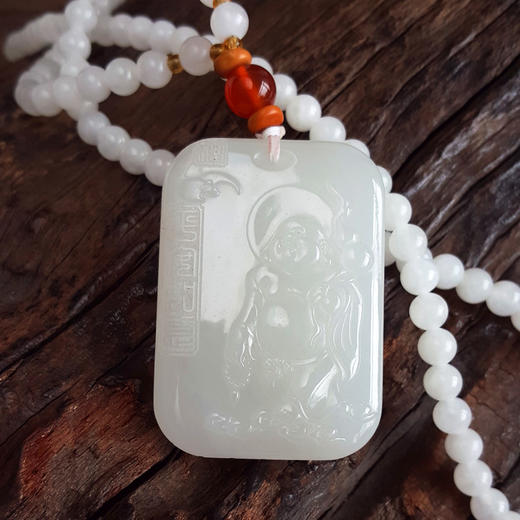 【天然正品】天然青海料细腻一级白雕佛公平安无事牌和田玉珠串项链 链长：38CM 140226NJS23 商品图7