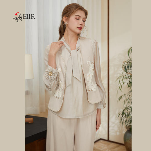 司歌天丝亚麻春秋蝴蝶结衬衫长袖T921273y 商品图0