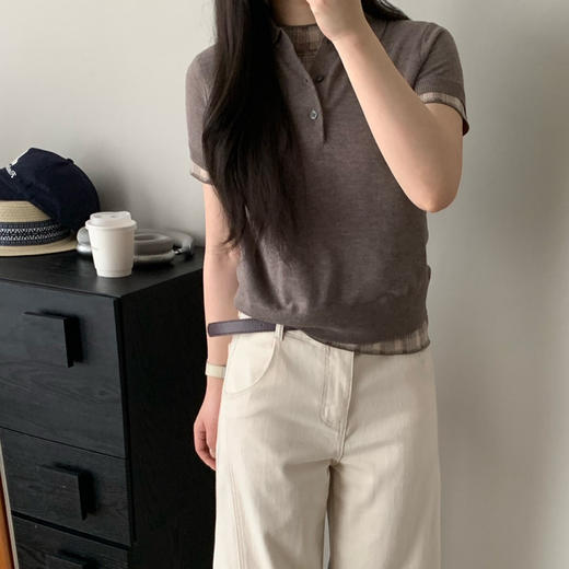 Acne时髦格纹假两件针织polo短袖3.3 商品图4