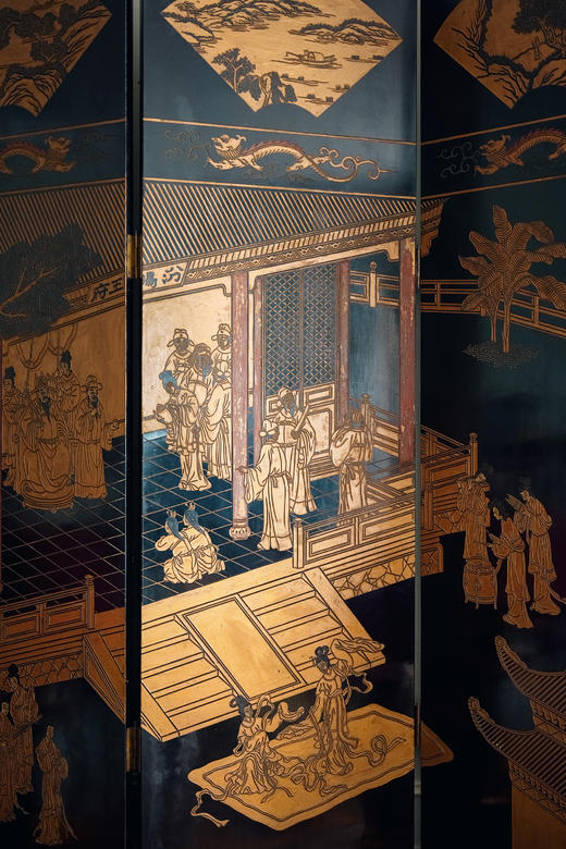 【已售】独角鹿西洋古董20世纪中国出品黑漆描金宫廷楼阁人物题材八扇屏风 商品图9