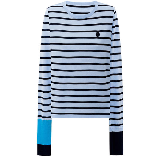 SELFWHO棉醋酸混纺撞色条纹长袖T恤女2026夏新款正肩宽松套头上衣 商品图4