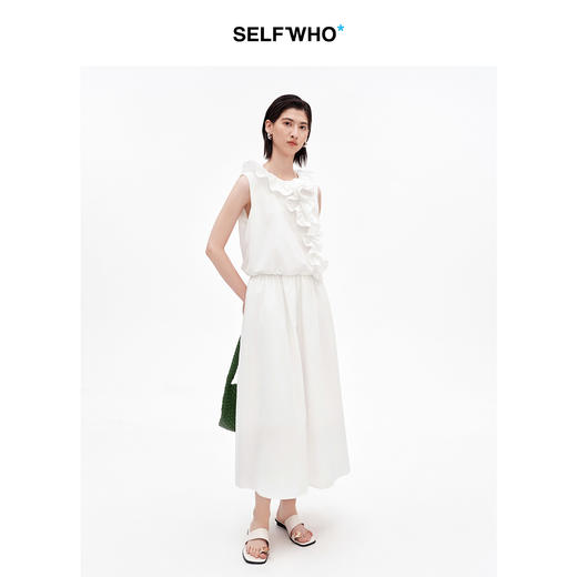 SELFWHO棉混纺双层荷叶边装饰连衣裙女2026夏新款法式优雅无袖裙 商品图4
