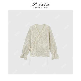 03-2潘依绣丁丁宠粉重工浮花蕾丝气质款V领上衣Q2519