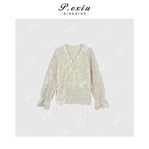 03-2潘依绣丁丁宠粉重工浮花蕾丝气质款V领上衣Q2519 商品图0