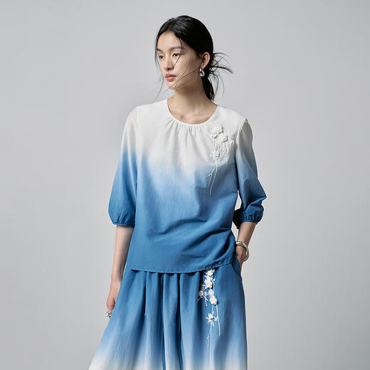 【林栖设计小店】手工钩花|丝棉蓝白渐变优雅宽松百搭2026春新款绣花衬衣T1961277 商品图8