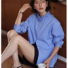 蓝色条纹立领木耳边衬衫 商品缩略图2