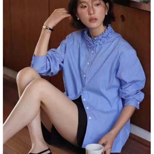 蓝色条纹立领木耳边衬衫 商品图2