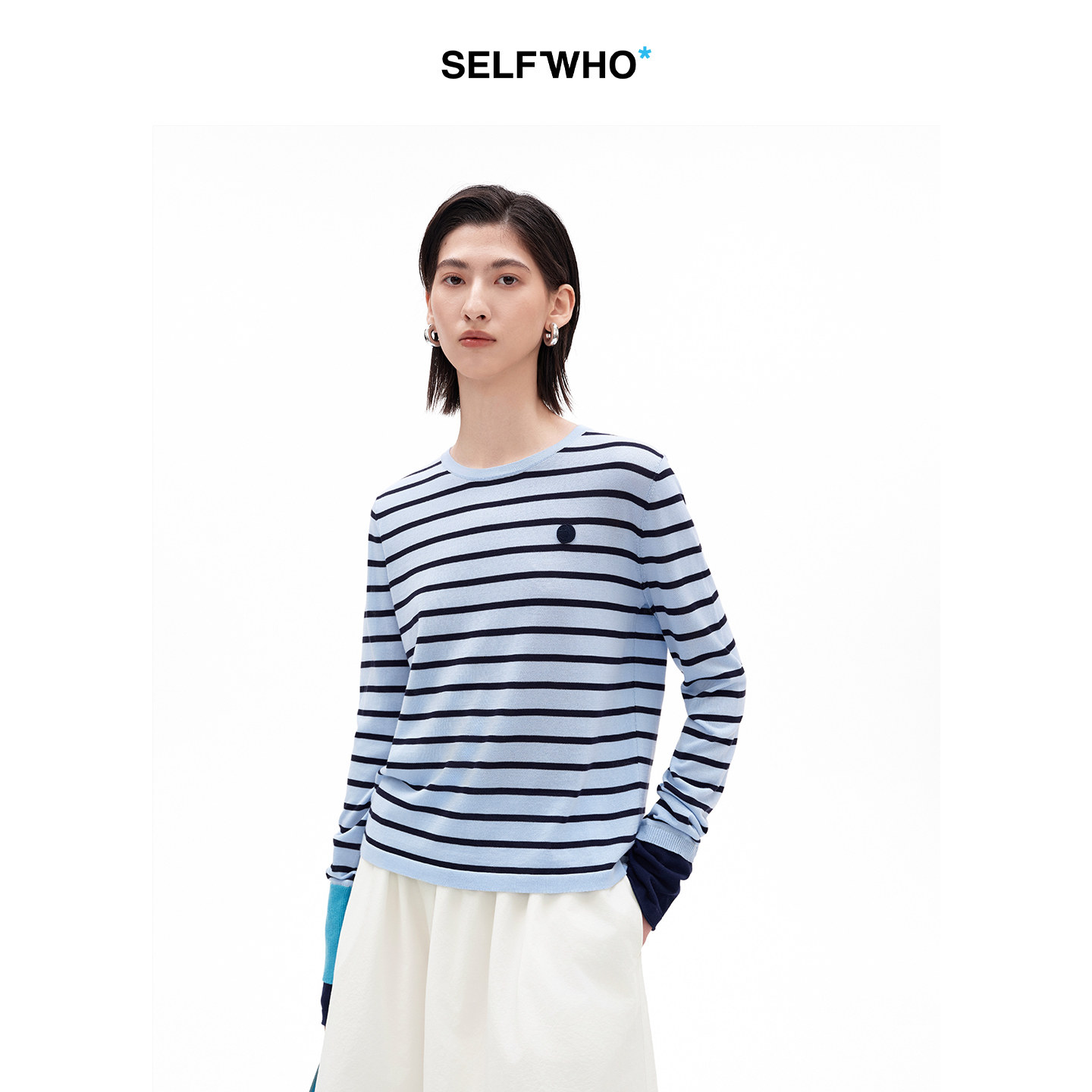 SELFWHO棉醋酸混纺撞色条纹长袖T恤女2026夏新款正肩宽松套头上衣