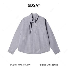 SDSA男装2026新款高贵轻奢细格纹系带衬衫宽松设计感百搭长袖衬衫