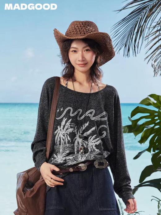 马得工地/MDGDTX222148/手绘椰树一字肩罩衫 商品图0