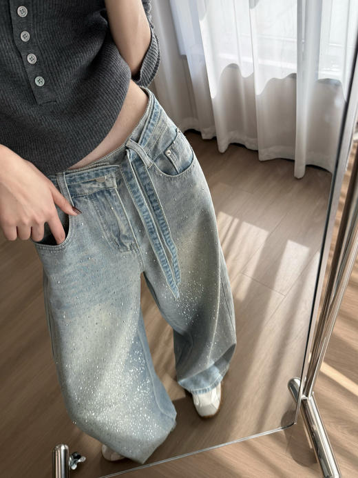 烫钻星河闪耀腰绳显瘦阔腿慵懒牛仔裤 商品图0