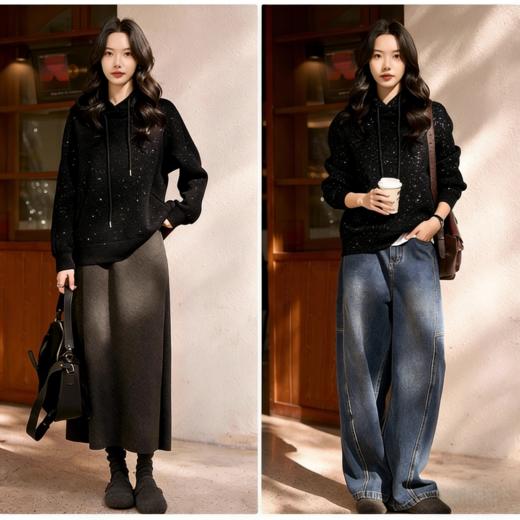 【超模君严选】LONGNVFAIR 银河细闪亮片黑色毛呢卫衣/裤子 毛呢面料，C位战袍 触感软糯温润，遮肉显瘦 商品图7