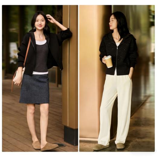 【超模君严选】LONGNVFAIR 银河细闪亮片黑色毛呢卫衣/裤子 毛呢面料，C位战袍 触感软糯温润，遮肉显瘦 商品图6