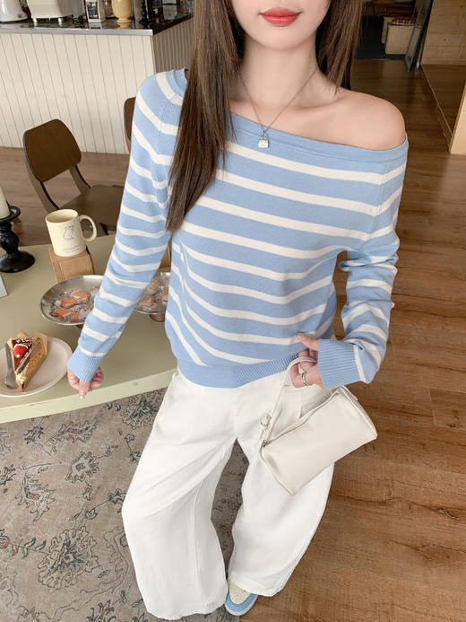 <曾小咸推荐>3.10现货秒杀 ！微信超特价！韩系条纹斜肩露肩针织衫 日常159.99 立减90 秒杀69.99！！ 商品图9