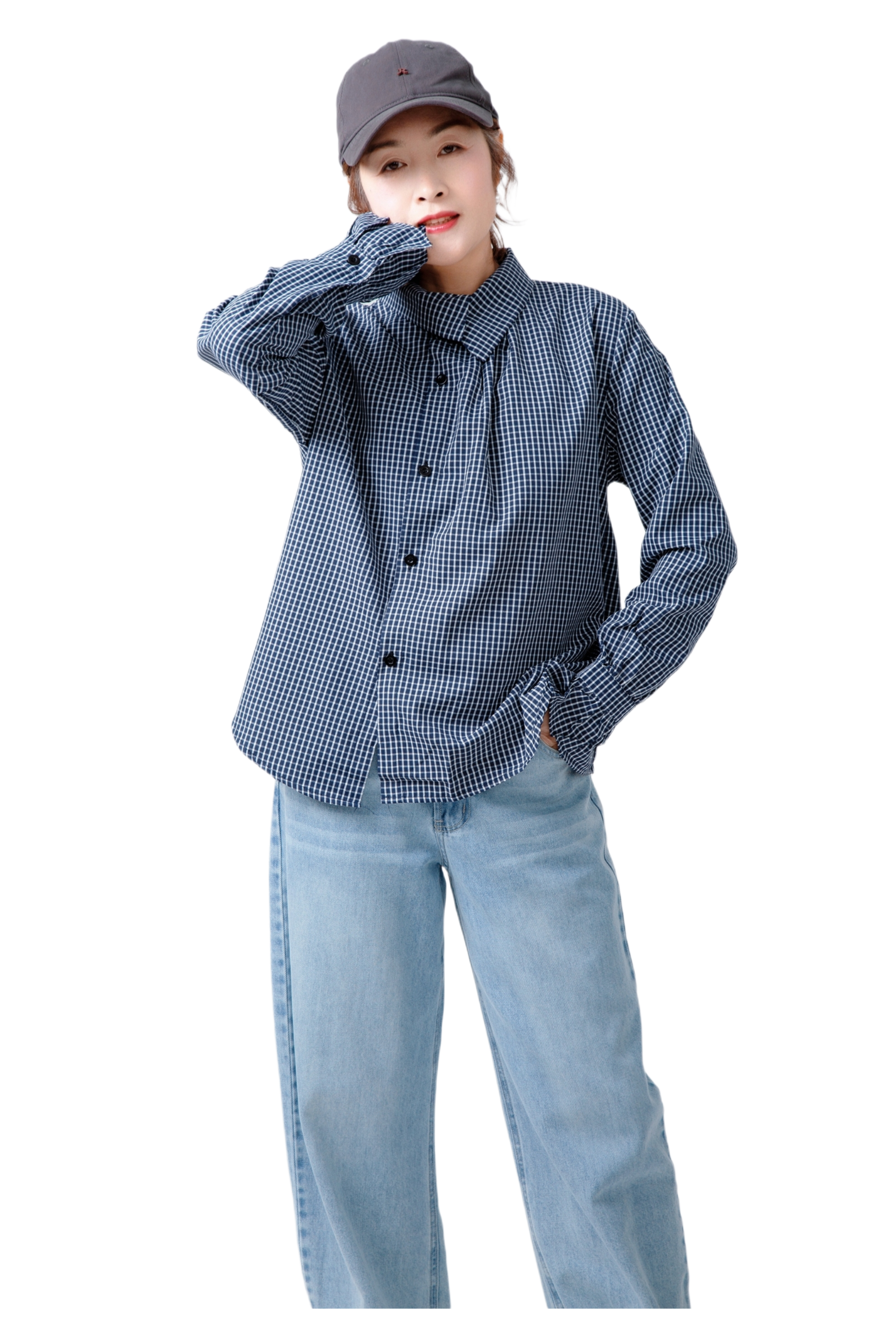 立领小格子法式衬衫